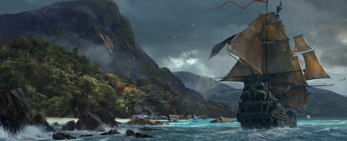 Pirate ship sailing near a tropical island with mountains