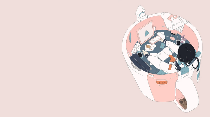 Girl studying in a giant cup with a computer