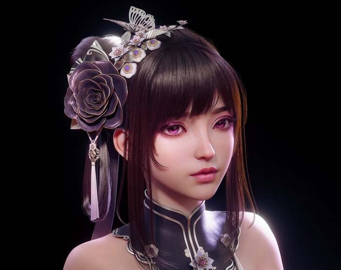 CGI Asian woman with flower in hair