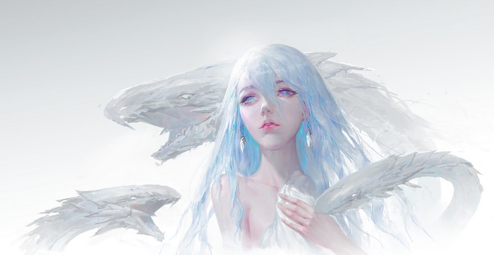 Blue-Eyes White Dragon with a woman