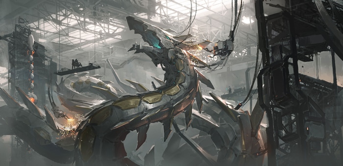 Yu-Gi-Oh! Dragon being constructed in a factory