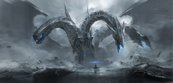 Three-headed dragon in a desolate landscape