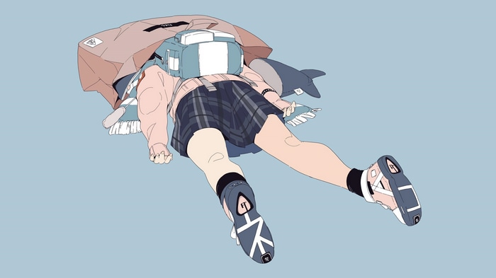 Original character with backpack and shark plush