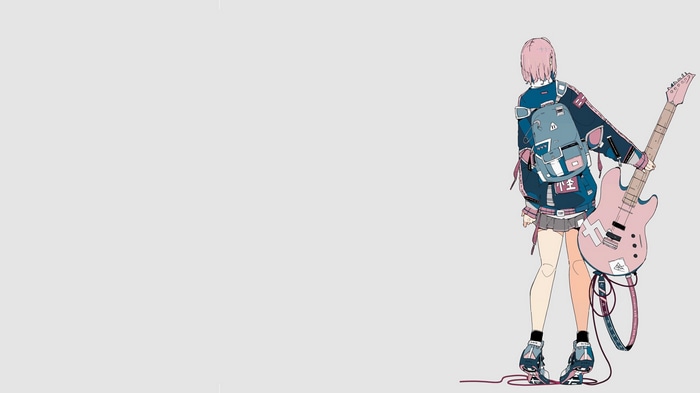 4K anime girl with pink hair holding a guitar