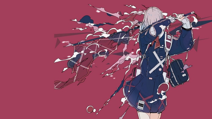 4K anime girl with a polearm on red background