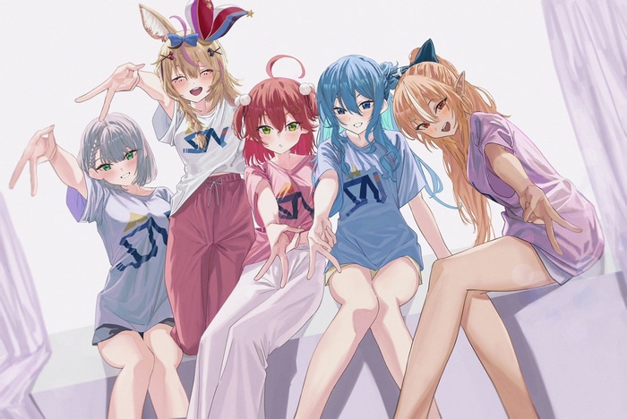 Hololive members Omaru Polka, Sakura Miko, Hoshimachi Suisei, Shiranui Flare, and Shirogane Noel posing