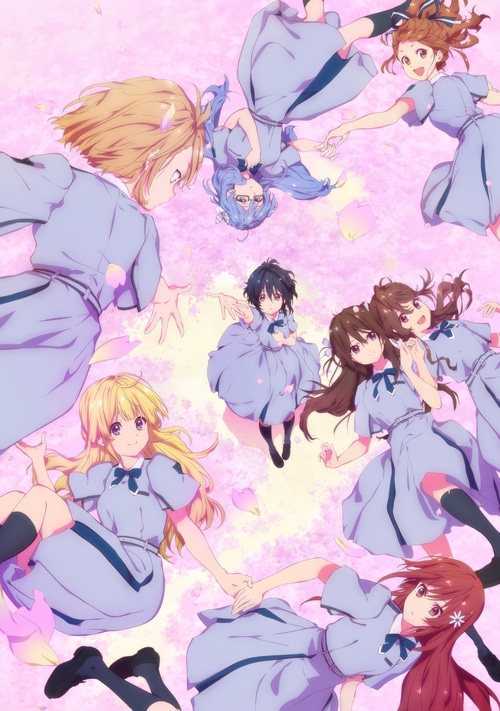 Anime girls in school uniforms with petals