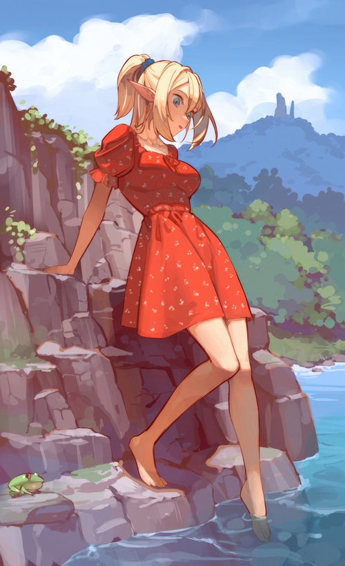 Elf girl in red dress by the water