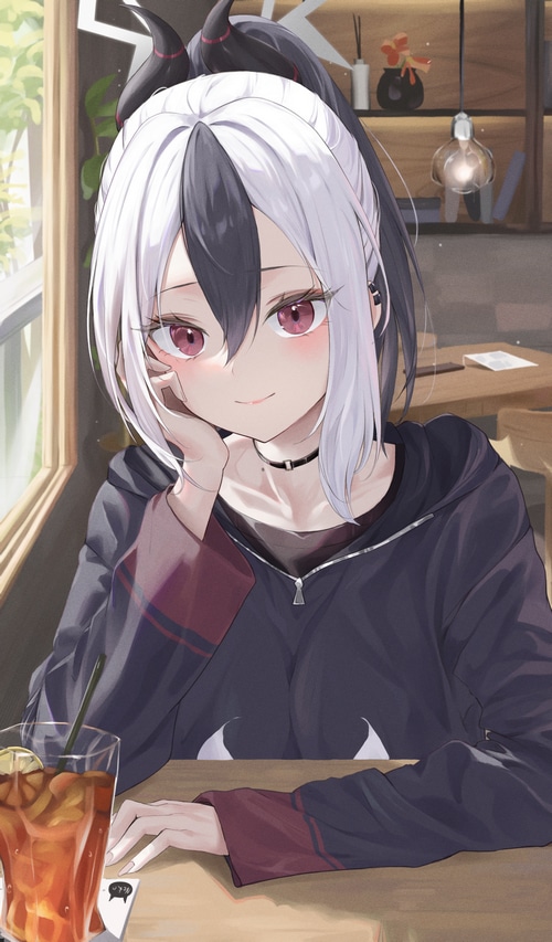 Anime girl with multi-colored hair and horns at a cafe