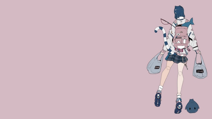 4K Cat girl with backpack and shopping bags