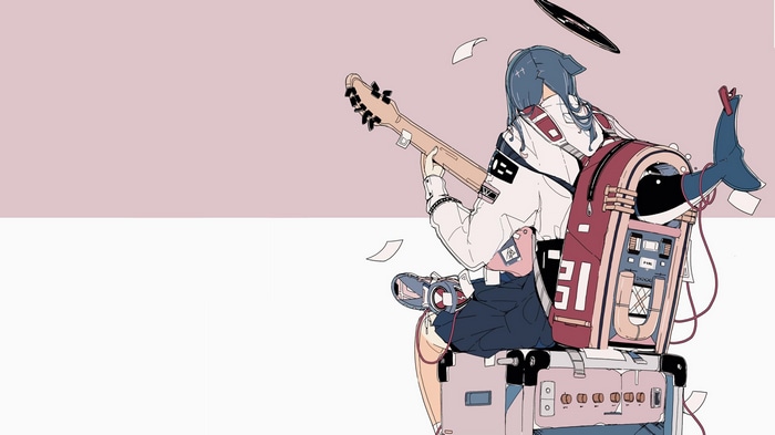 Original character playing guitar with a jukebox