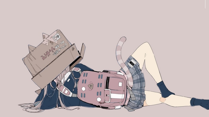 Cat girl with box head and backpack lying down
