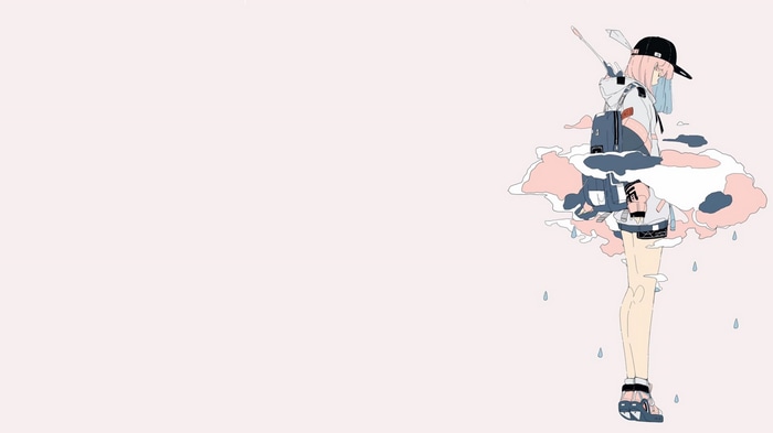 Girl with backpack and paper planes in the rain
