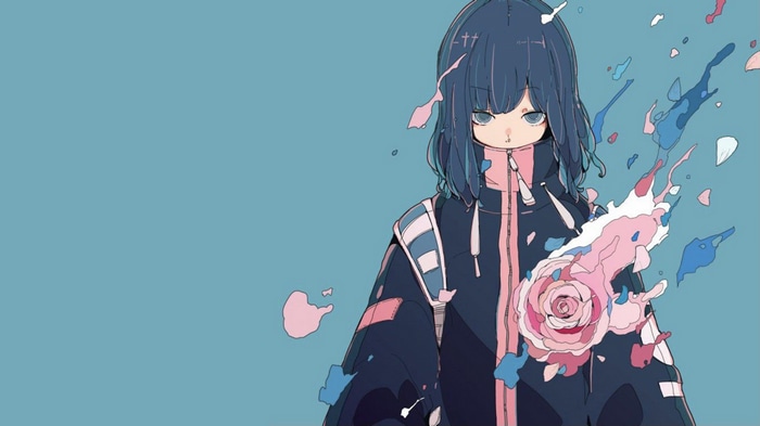 4K anime girl with blue hair and rose