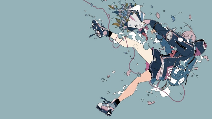 Girl with backpack and flowers in blue background