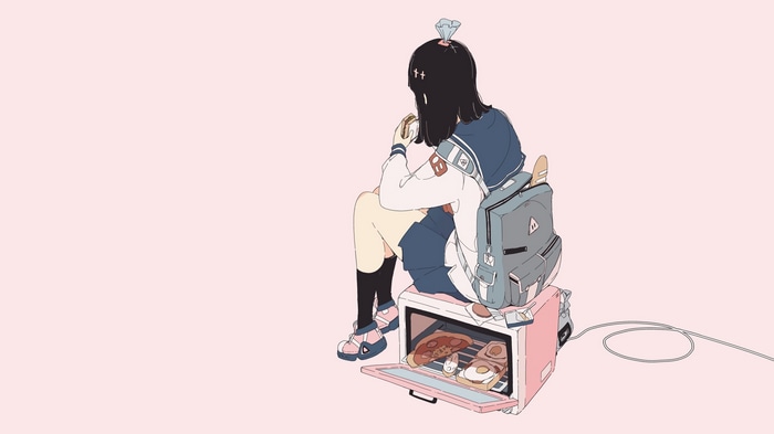 4K Anime Girl Eating Burger with Backpack and Toaster Oven