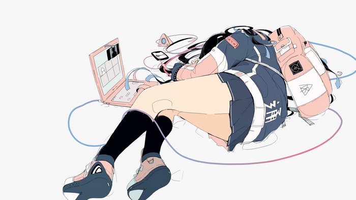 4K anime girl lying down with laptop and backpack