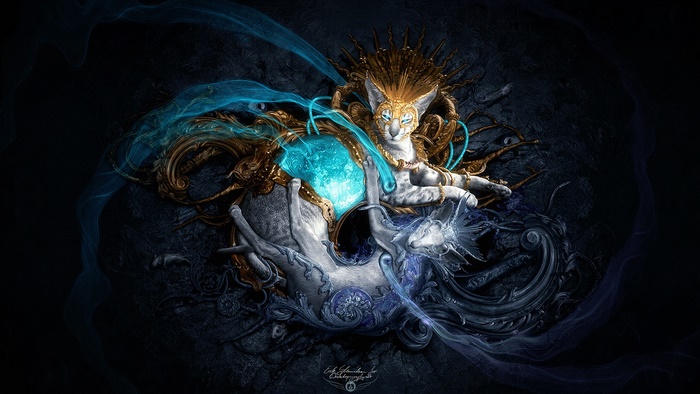 Ying and Yang Fantasy Cats with Glowing Crystal