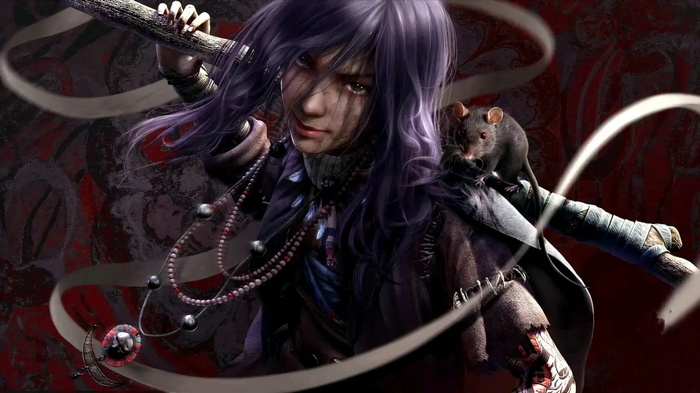 Asian woman with purple hair and a rat