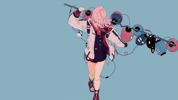 4K anime girl with pink hair holding a pole with lights
