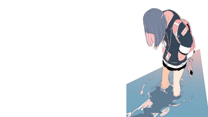 4K anime girl with backpack standing in water