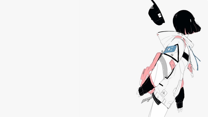 Girl with backpack and hat, white background