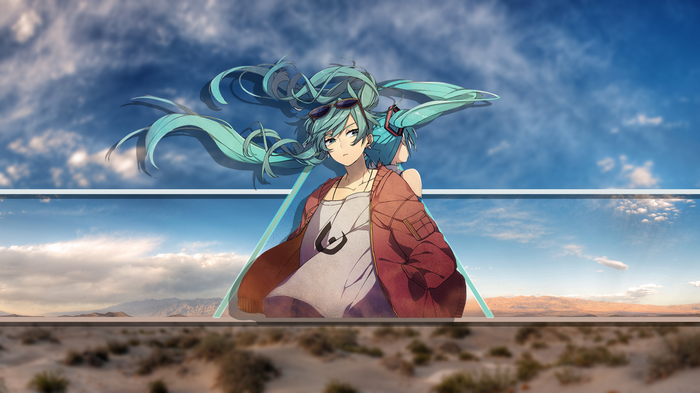Hatsune Miku in a desert landscape with clouds