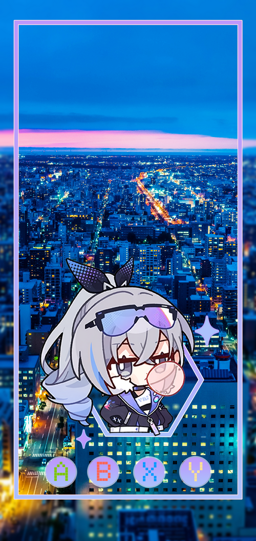 Bronya Zaychik in a city at night with game buttons