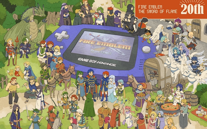 Fire Emblem characters gathered around a Game Boy Advance