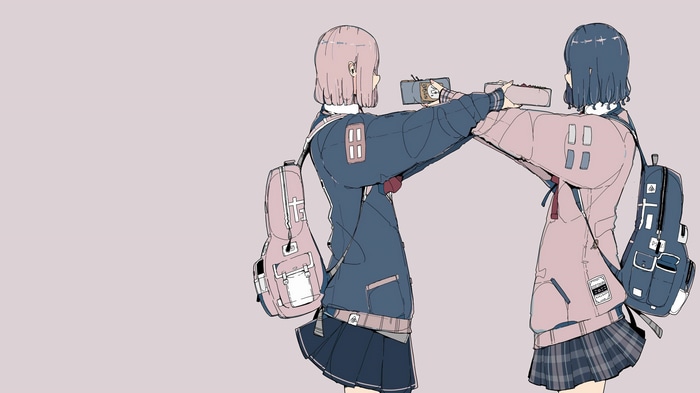 4K schoolgirls with backpacks