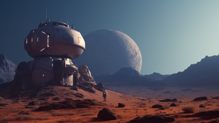 Astronaut on Mars near a futuristic dome with a large planet in the sky