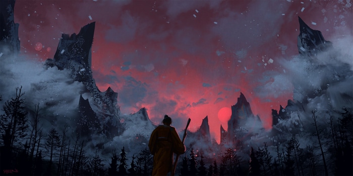 Man with sword in front of red sunset mountains