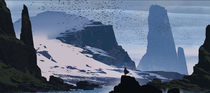 Artwork of a lone figure overlooking a snowy landscape with birds