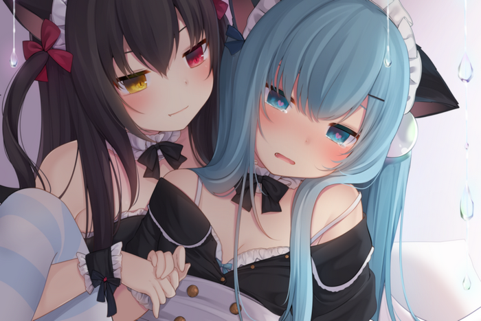 Two cat girls in maid outfits, one crying