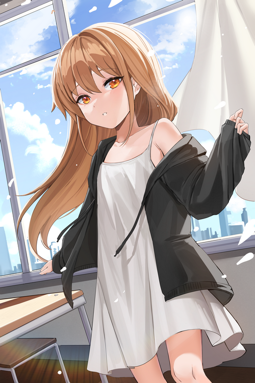 4K anime girl in white dress by the window