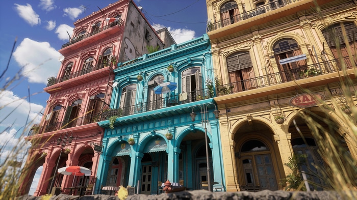 Colorful architecture buildings under blue sky with clouds