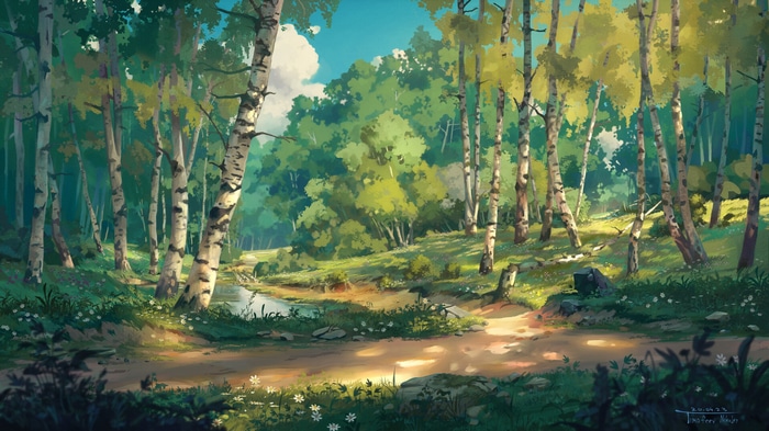 Forest path with birch trees and a stream by Nikolay Timofeev