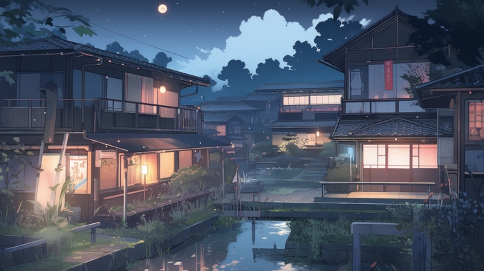 Japanese village at night with moon and canal
