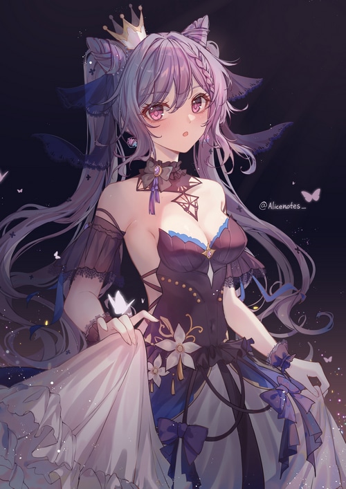 Keqing in a purple dress with butterflies