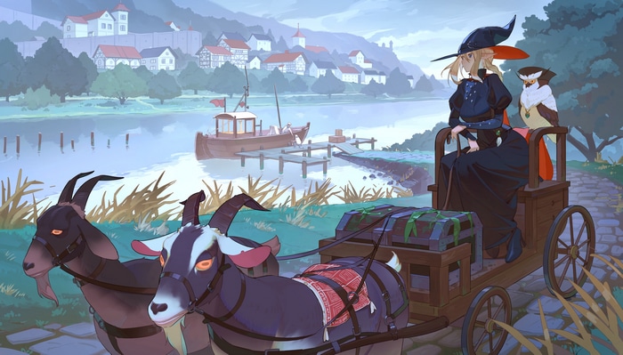 Witch and owl in a carriage pulled by goats