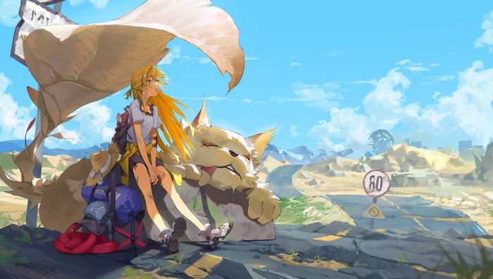 Girl and creature on a desert road