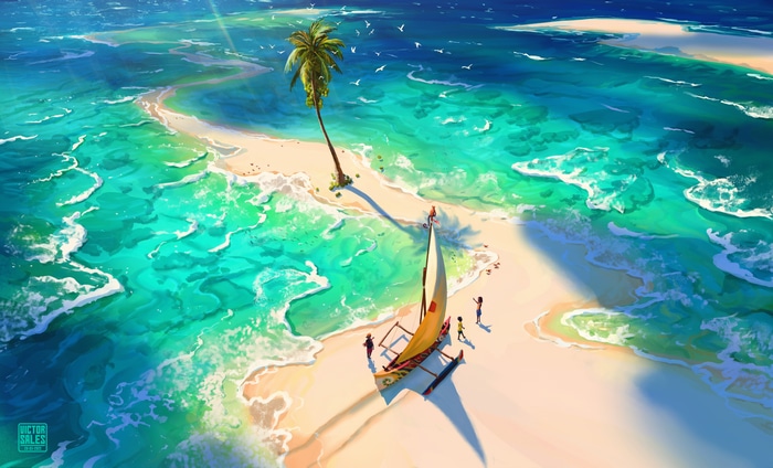 4K island with palm tree and canoe