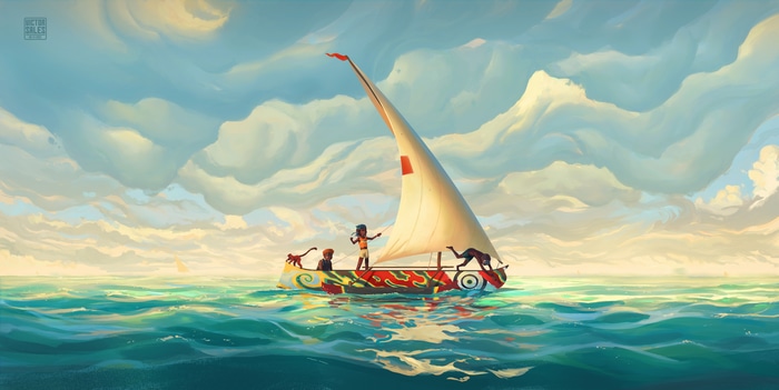 4K sailing ship on the sea with children