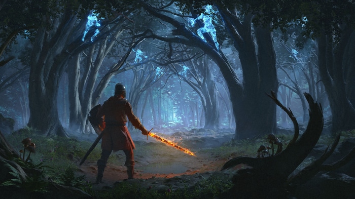 Knight with flaming sword in a dark forest