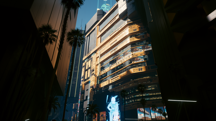 Cyberpunk 2077 building with palm trees in daylight