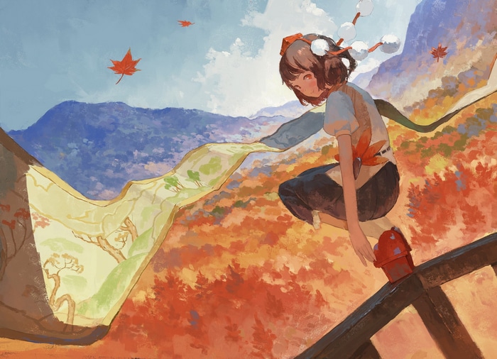 Shameimaru Aya in a Fall Mountain Landscape