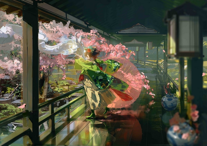 Girl with Chinese dragon and umbrella under cherry blossoms