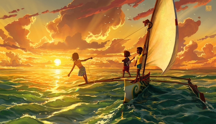 Children sailing on a boat at sunset