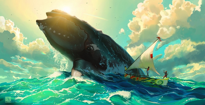 Whale breaching near a sailboat with people