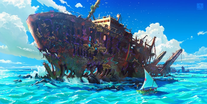 Shipwreck covered in coral and graffiti in the ocean